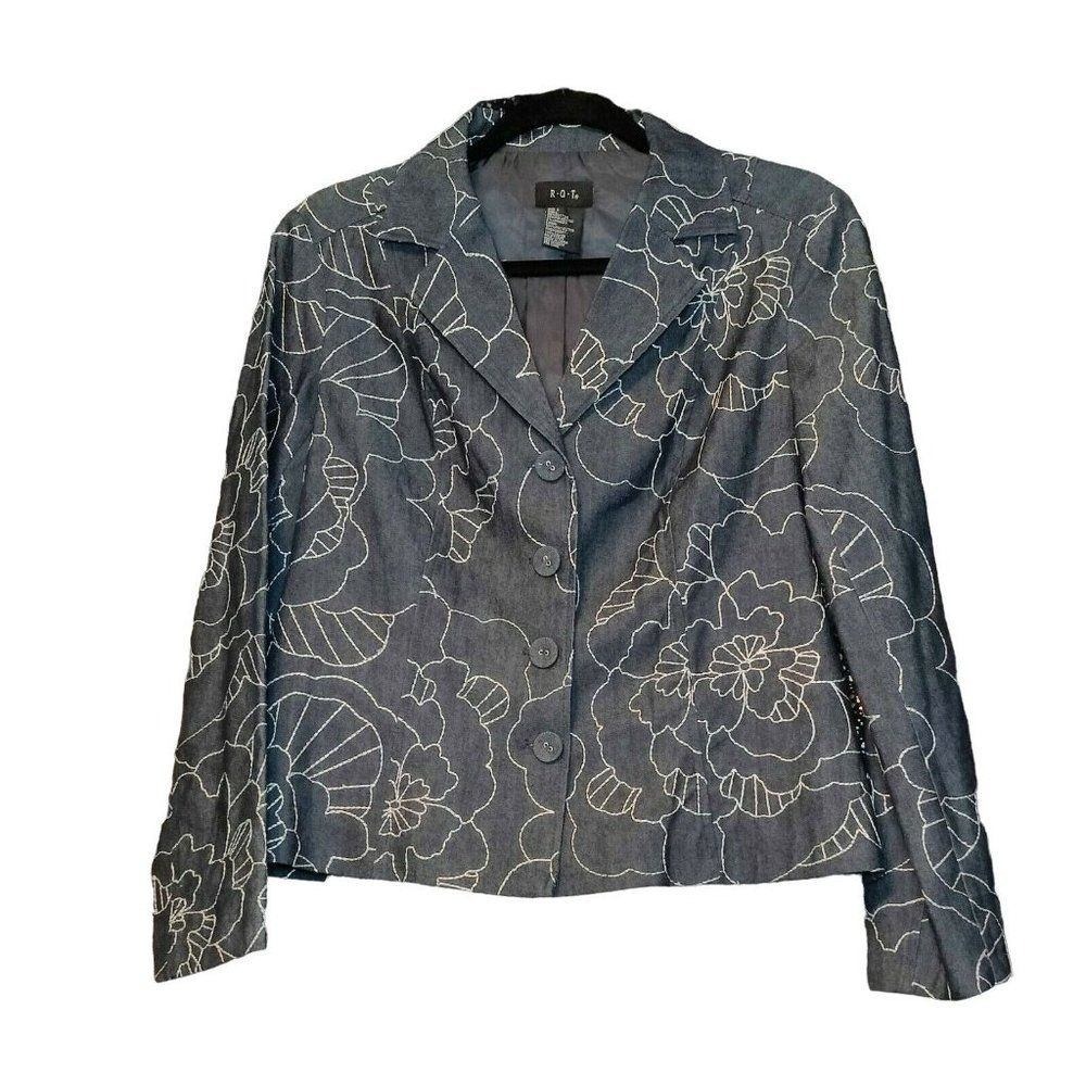 RQT Womens Blue Denim Floral Embroidered Blazer Jacket‎ S Indigo White Outling